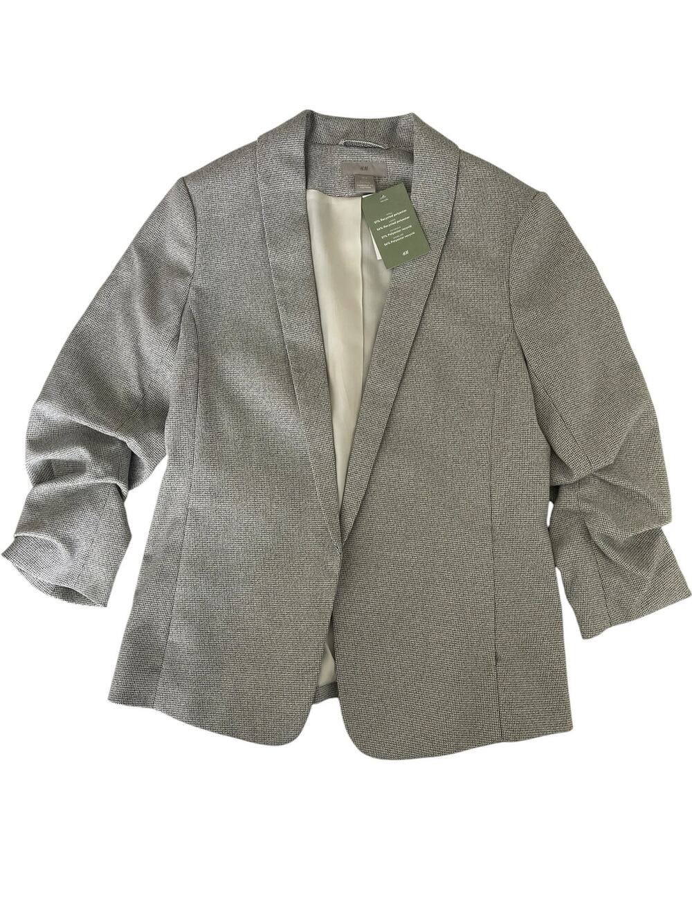 H&M Gray Textured Blazer with Ruched Sleeves NWT Office Wear Size Medium